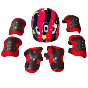 Set Protección Niños Casco Rodilla Codo Mano Rojo Estrella