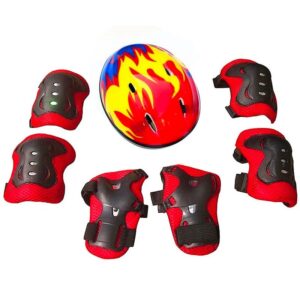 Set Protección Niños Casco Rodilla Codo Mano Rojo Fuego